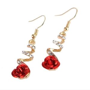 Red Rose Rhinestone Floral Christmas Valentines Day Dangly Gold Hook Earrings